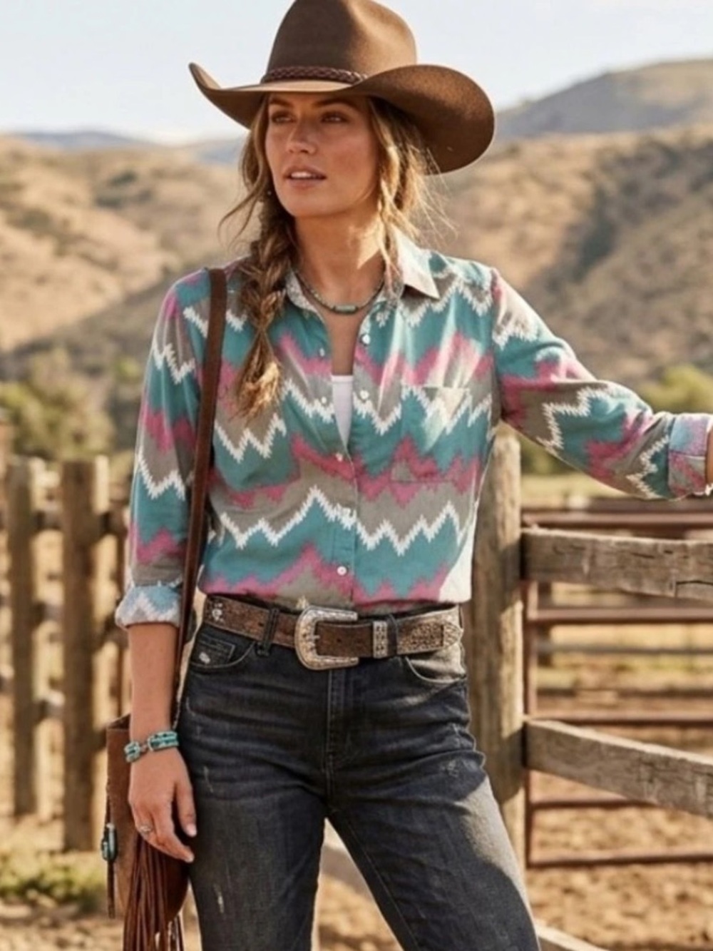 Rock & Roll Cowgirl Aztec Print Button-Down Shirt in Teal, Pink & White Size L